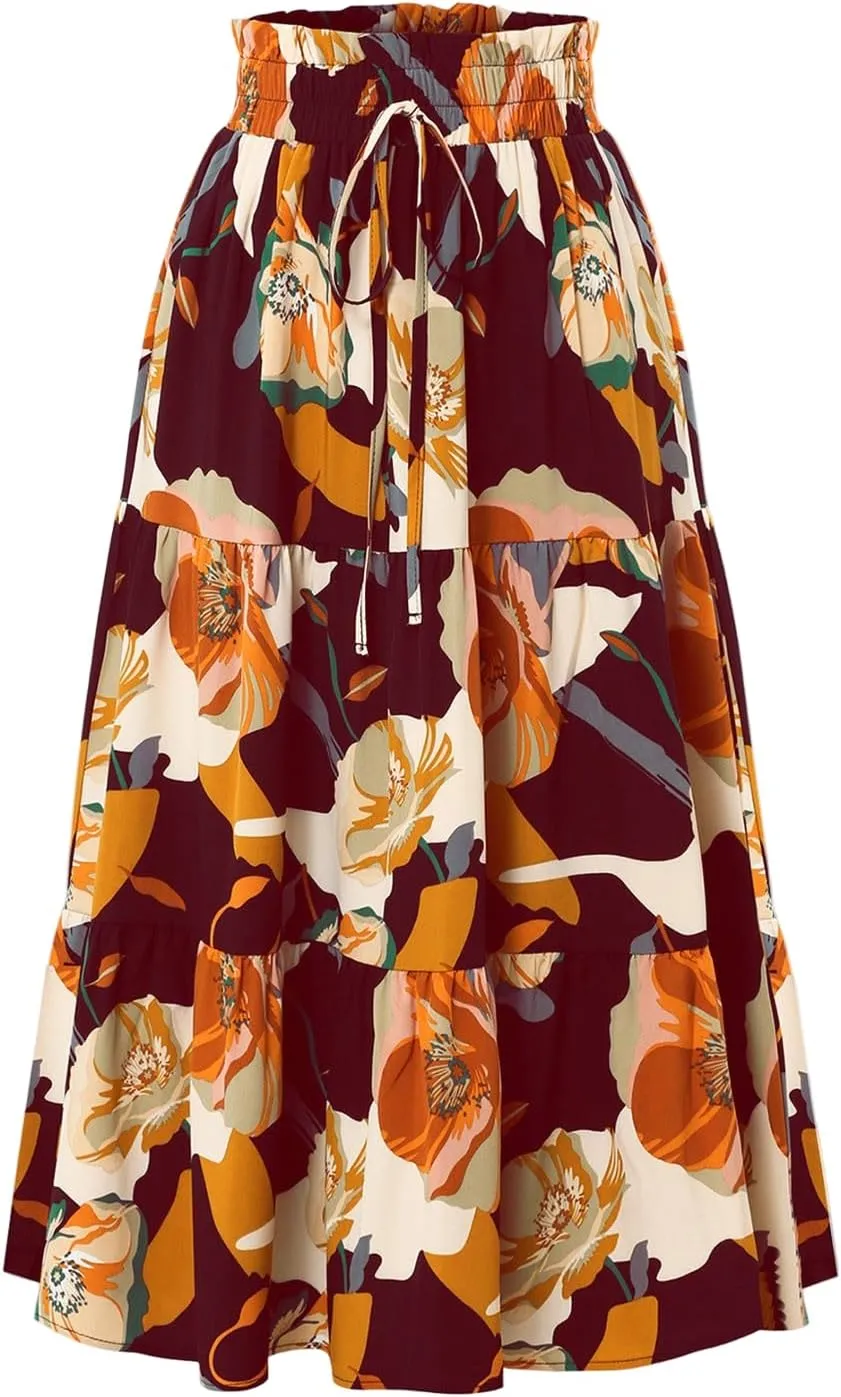 Long Summer Skirts Maxi Spring Flowy Boho Comfy Tiered Western Pleated Maxi Skirts for Women