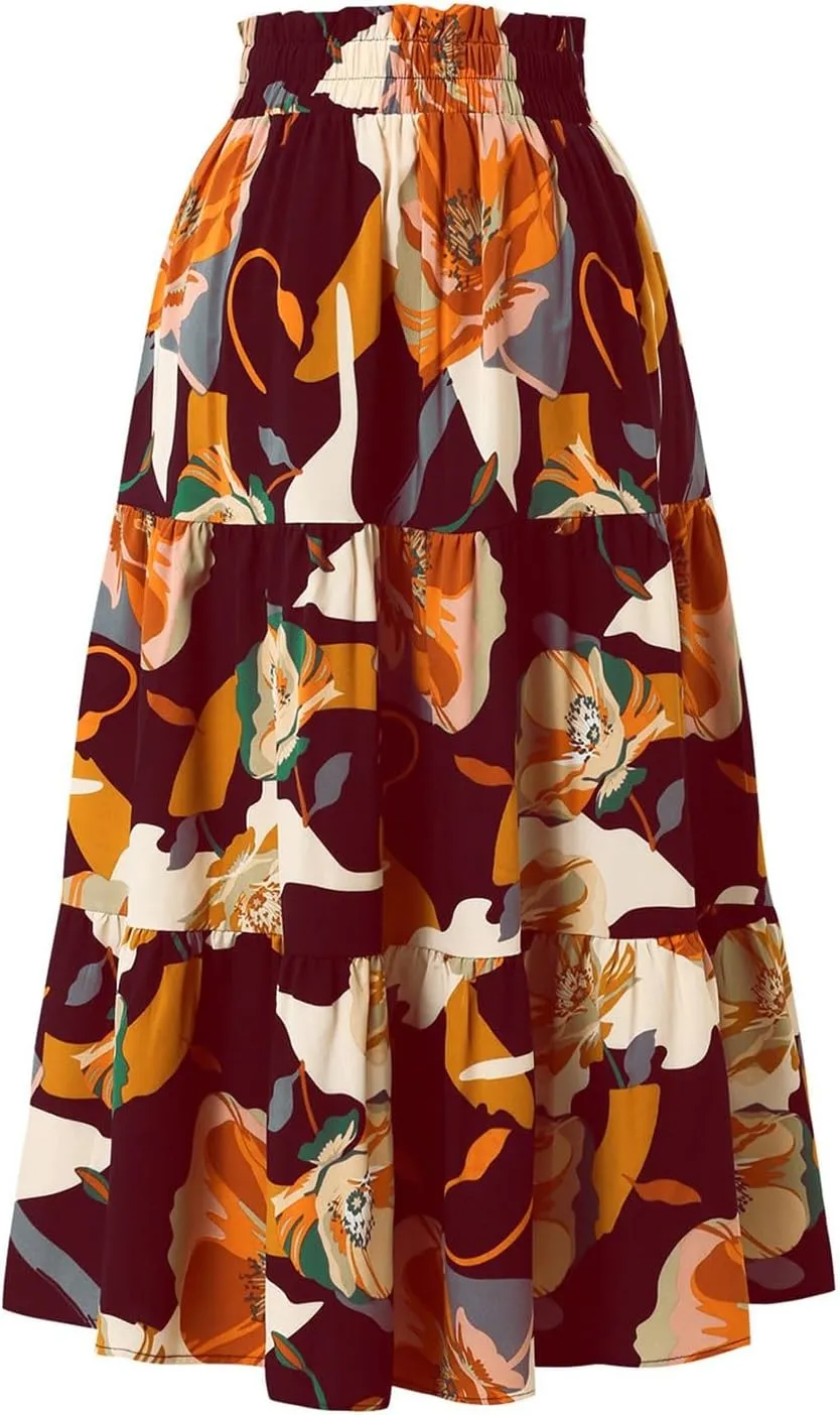 Long Summer Skirts Maxi Spring Flowy Boho Comfy Tiered Western Pleated Maxi Skirts for Women
