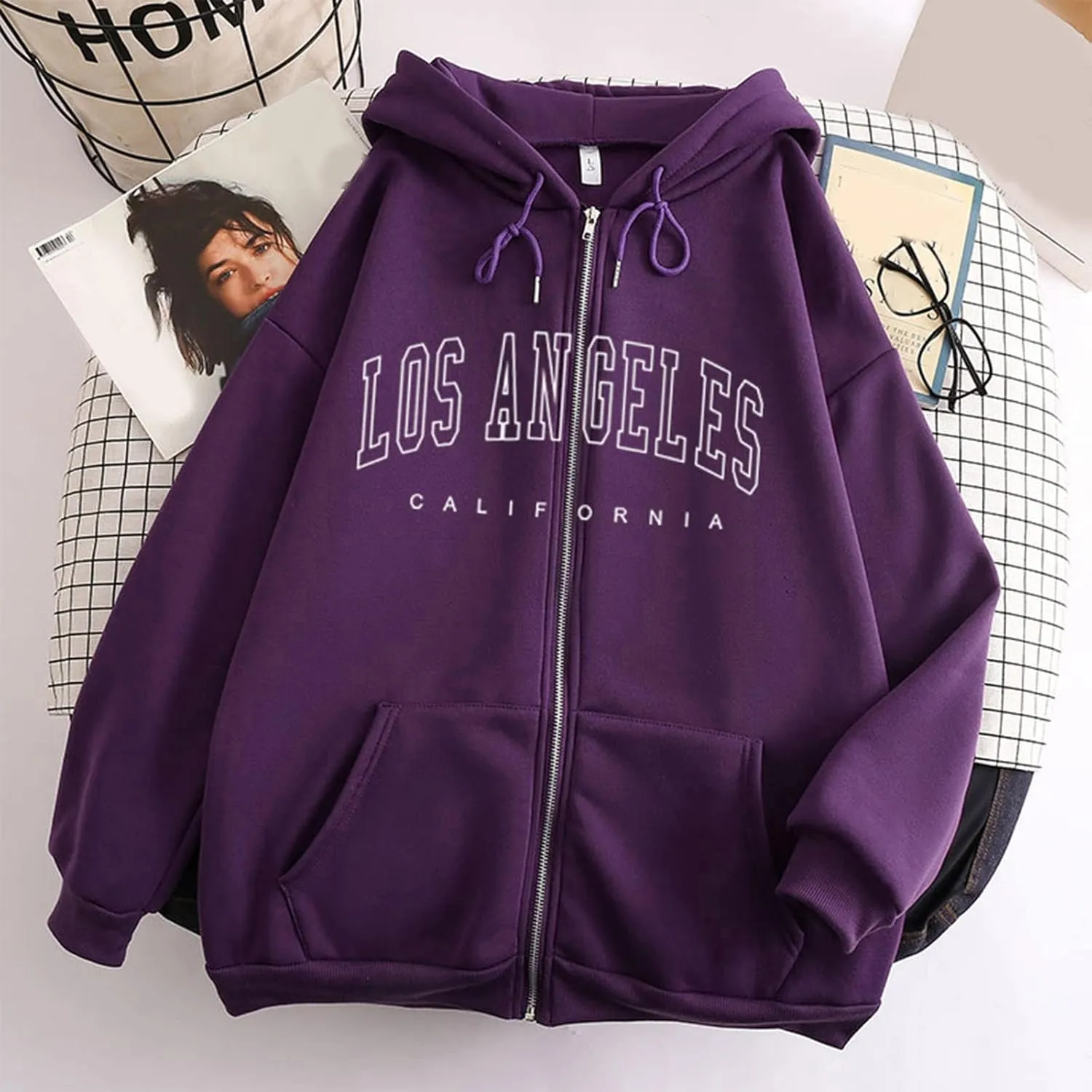 Los Angeles Zipper Hoodies for Women Teen Girls Oversized Full Zip Up Long Sleeve Hooded Sweatshirt Coat Fall Fashion Outfits