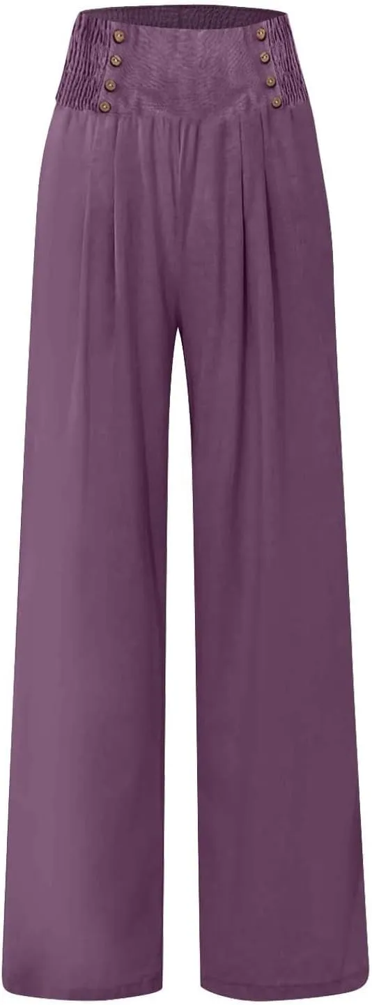 Lounge Pants Plus Size Women Summer Boho Wide Leg High Waist Linen Palazzo Pants 2025 Beach Travel Vacation Trouser