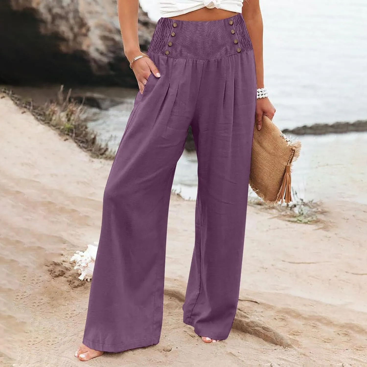 Lounge Pants Plus Size Women Summer Boho Wide Leg High Waist Linen Palazzo Pants 2025 Beach Travel Vacation Trouser