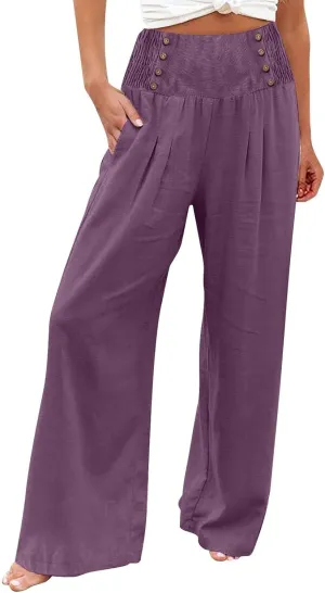 Lounge Pants Plus Size Women Summer Boho Wide Leg High Waist Linen Palazzo Pants 2025 Beach Travel Vacation Trouser
