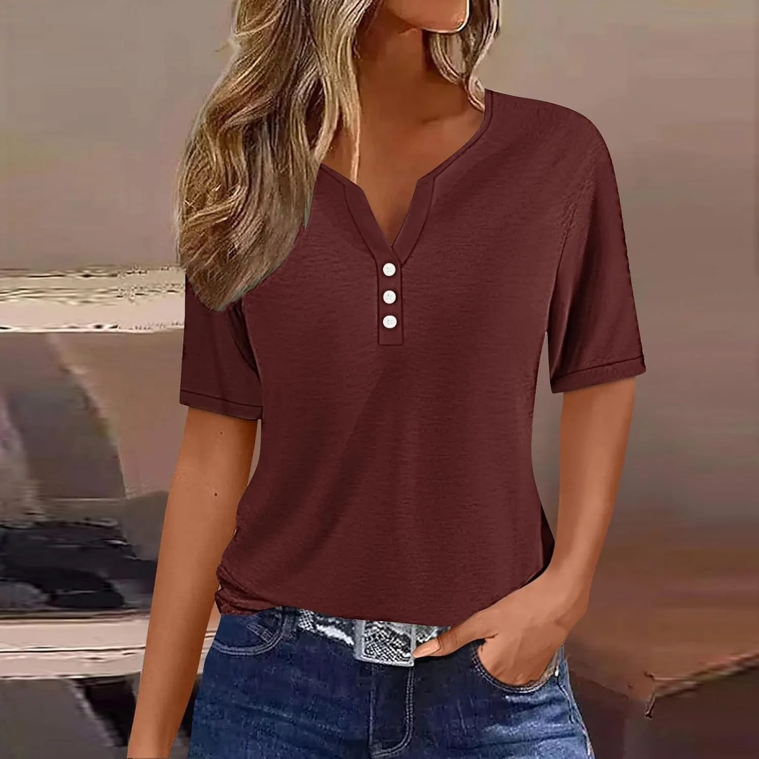 LRMQS Summer Tops for Women 2024 Trendy Vacation Short Sleeve Button V Neck T Shirt Boho Casual Fashion Spring Tee Clothes