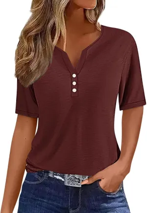 LRMQS Summer Tops for Women 2024 Trendy Vacation Short Sleeve Button V Neck T Shirt Boho Casual Fashion Spring Tee Clothes