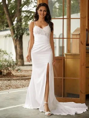 Luolandi Elegant Sheath/Column V-neck Sleeveless Sweep/Brush Train Wedding Dresses Charming Long Evening Dress With Slit
