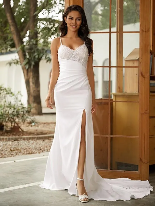 Luolandi Elegant Sheath/Column V-neck Sleeveless Sweep/Brush Train Wedding Dresses Charming Long Evening Dress With Slit