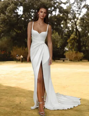 Luolandi Hall Casual Wedding Dresses Sheath Sweetheart Camisole Spaghetti Strap Court Train Satin Bridal Gowns With Split Front Side-Draped