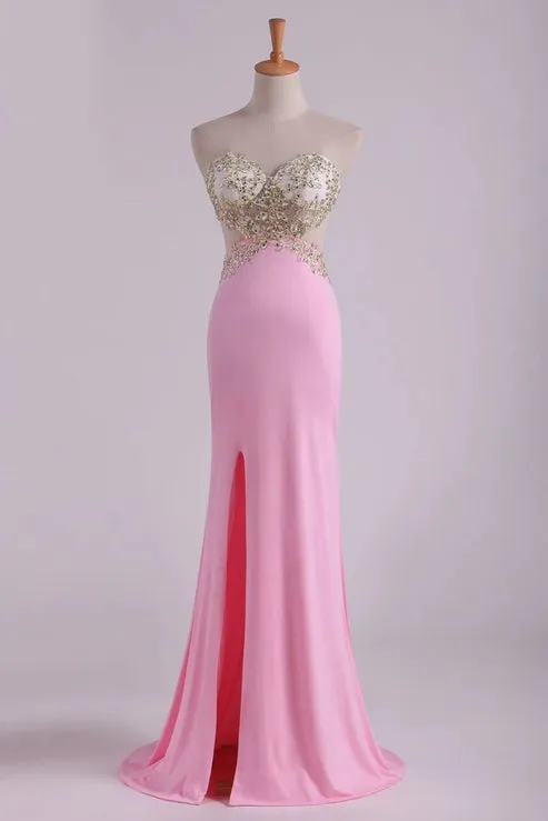 Luolandi Party Dresses Sheath With Slit And Applique Sweep Train Spandex Sexy Evening Dress