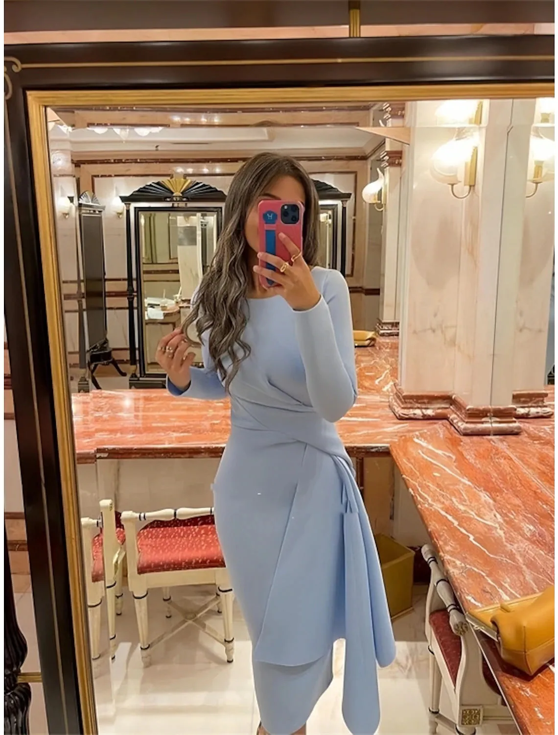 Luolandi Sheath / Column Cocktail Dresses Elegant Dress Formal Fall Knee Length Long Sleeve Jewel Neck Stretch Fabric with Pleats