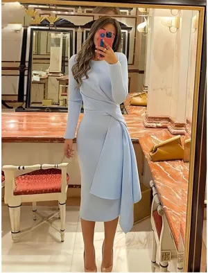 Luolandi Sheath / Column Cocktail Dresses Elegant Dress Formal Fall Knee Length Long Sleeve Jewel Neck Stretch Fabric with Pleats