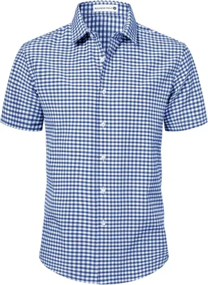 Manwan walk Mens Short Sleeve Plaid Casual Button Down Shirts Gingham Regular Fit Dress Shirts