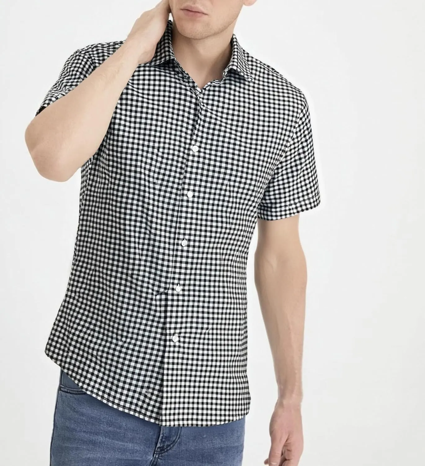 Manwan walk Mens Short Sleeve Plaid Casual Button Down Shirts Gingham Regular Fit Dress Shirts