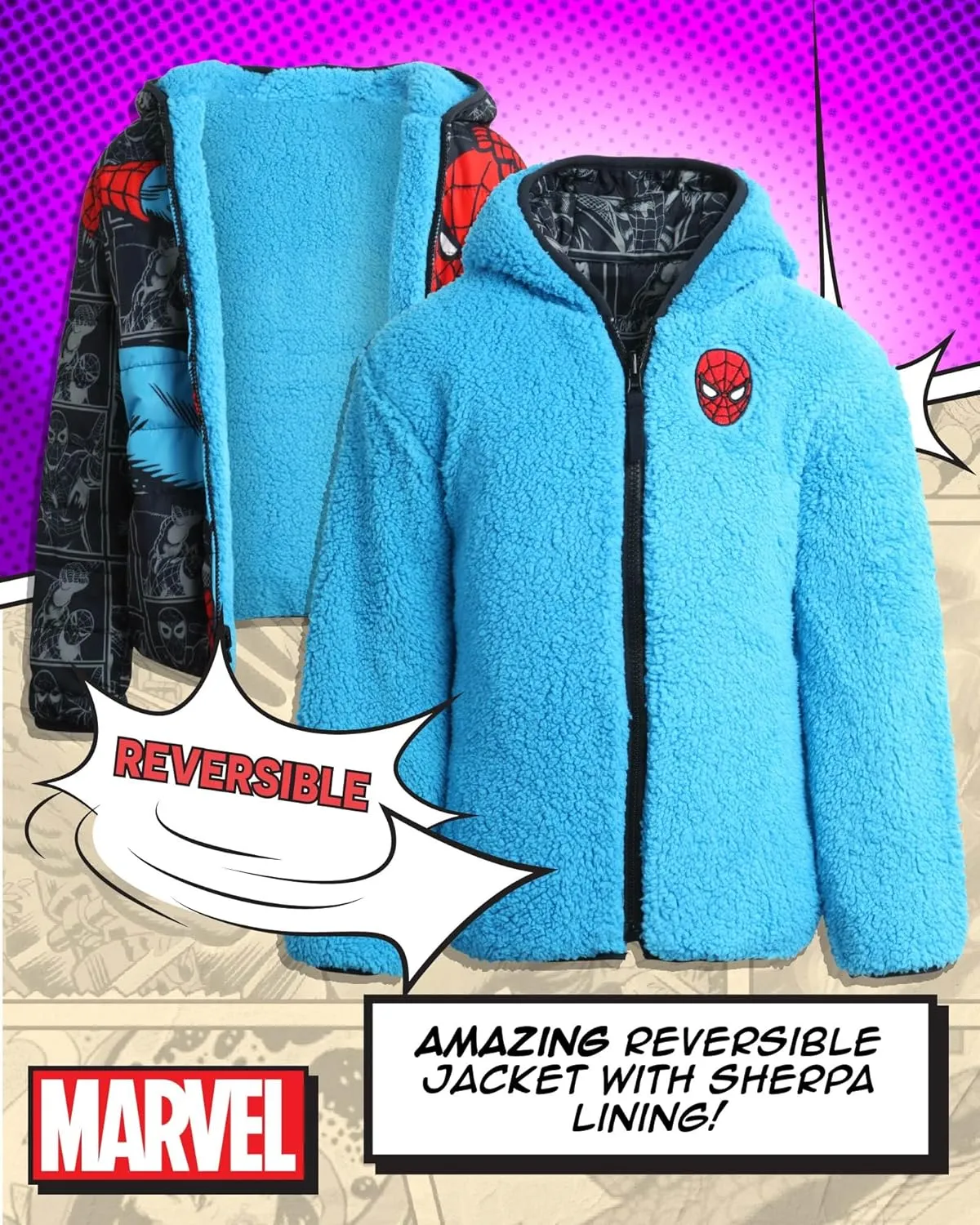 Marvel Boys Avengers Spider-Man Reversible Jacket  Spidey Quilted Puffer Coat with Sherpa Fleece Lining (2T-20)