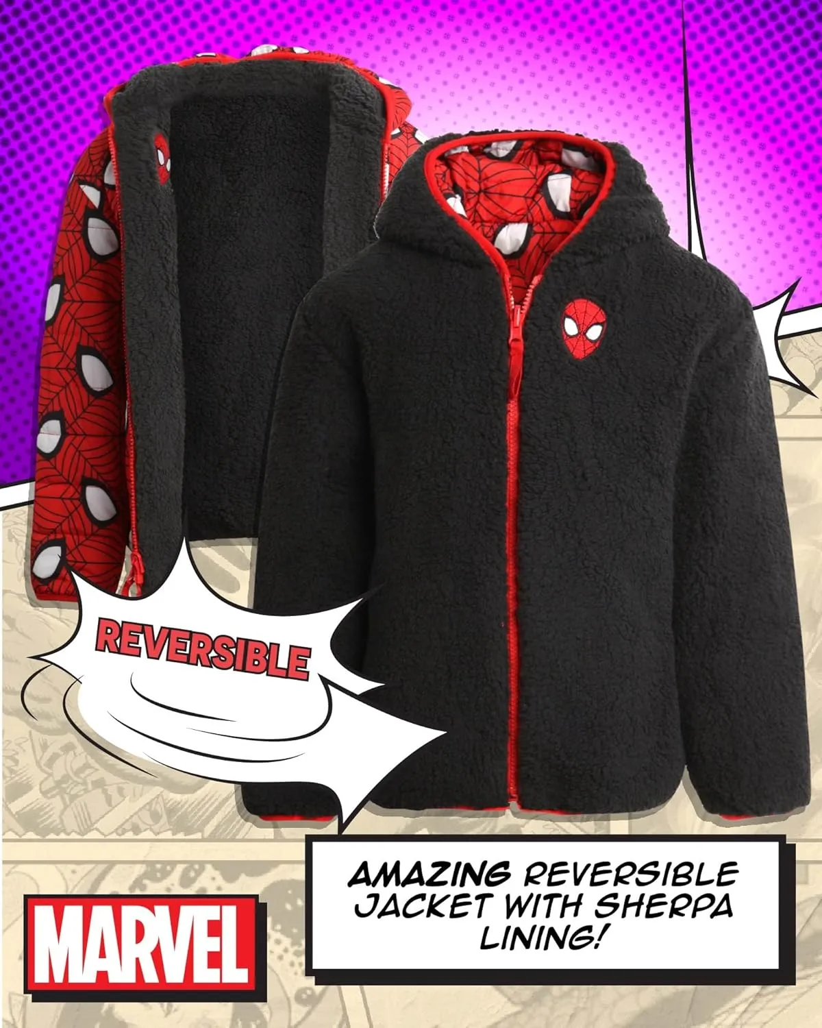 Marvel Boys Avengers Spider-Man Reversible Jacket  Spidey Quilted Puffer Coat with Sherpa Fleece Lining (2T-20)