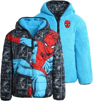 Marvel Boys Avengers Spider-Man Reversible Jacket  Spidey Quilted Puffer Coat with Sherpa Fleece Lining (2T-20)