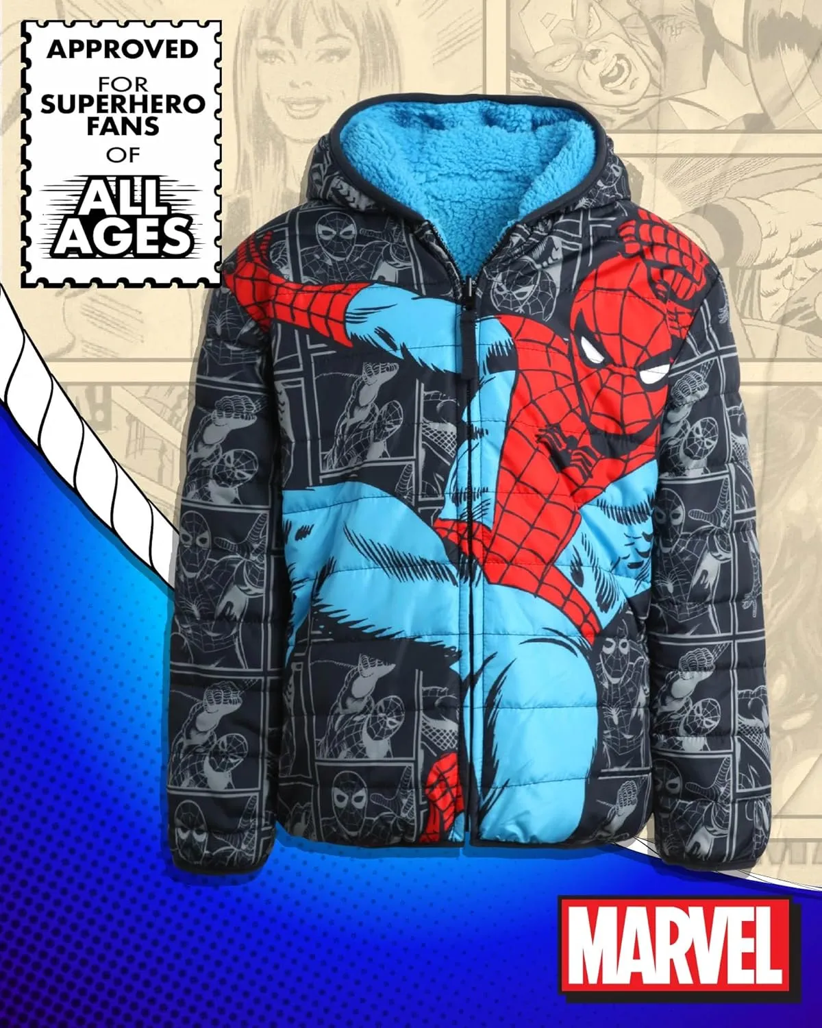 Marvel Boys Avengers Spider-Man Reversible Jacket  Spidey Quilted Puffer Coat with Sherpa Fleece Lining (2T-20)