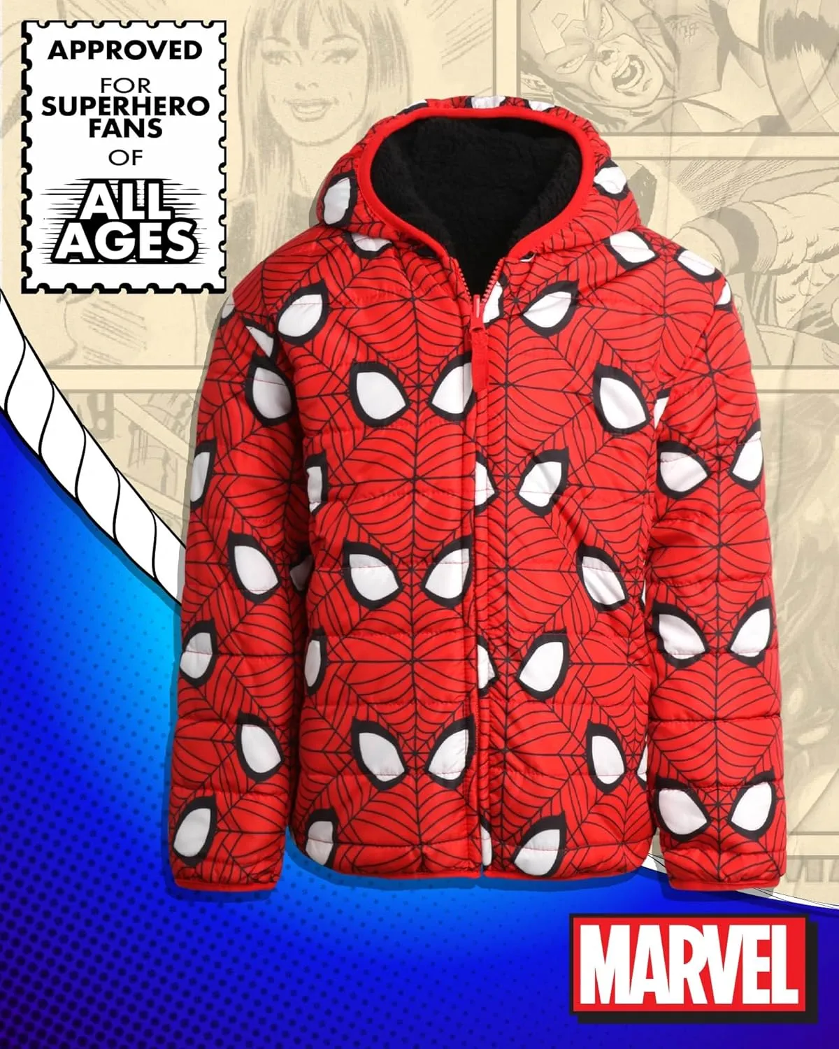 Marvel Boys Avengers Spider-Man Reversible Jacket  Spidey Quilted Puffer Coat with Sherpa Fleece Lining (2T-20)