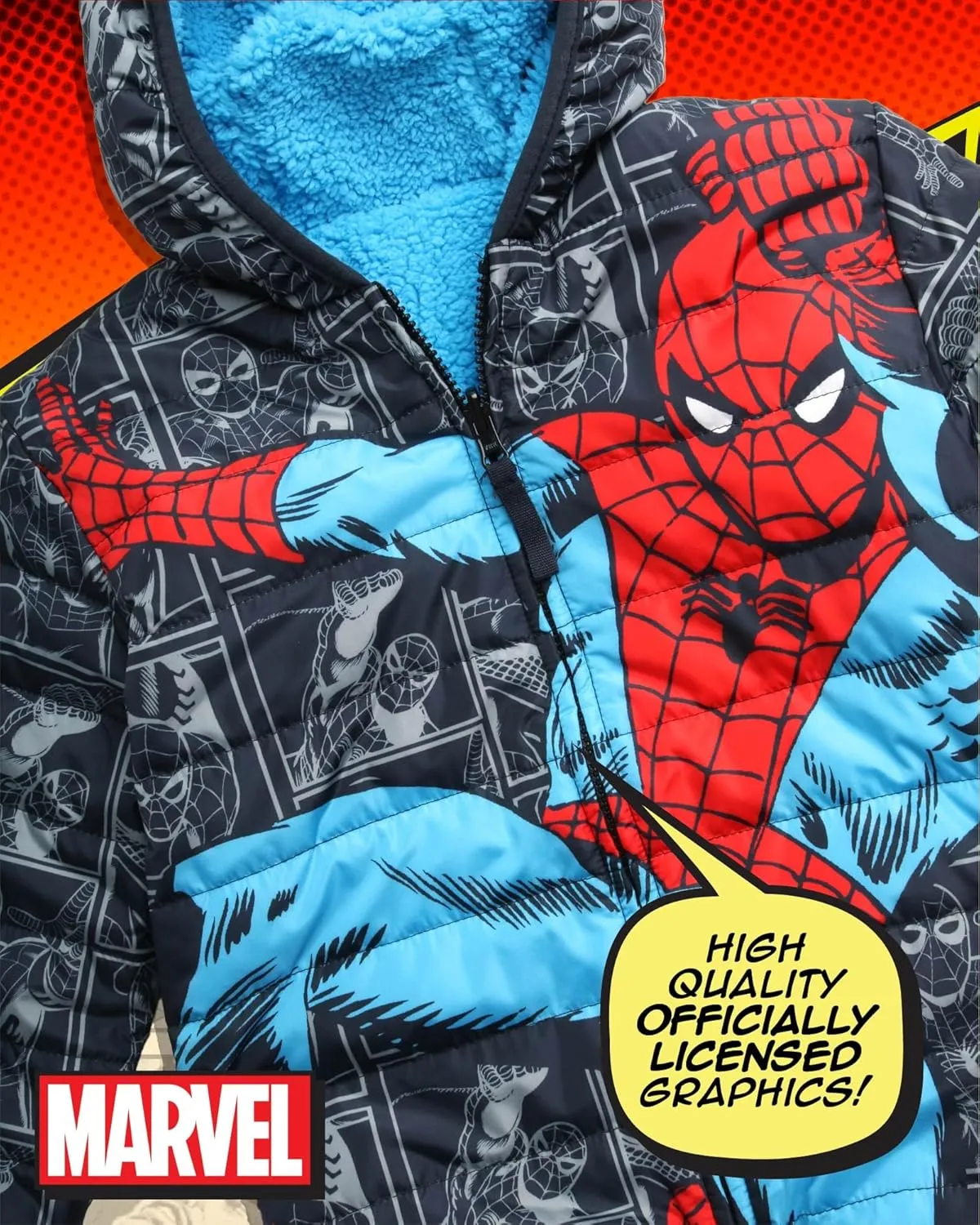Marvel Boys Avengers Spider-Man Reversible Jacket  Spidey Quilted Puffer Coat with Sherpa Fleece Lining (2T-20)