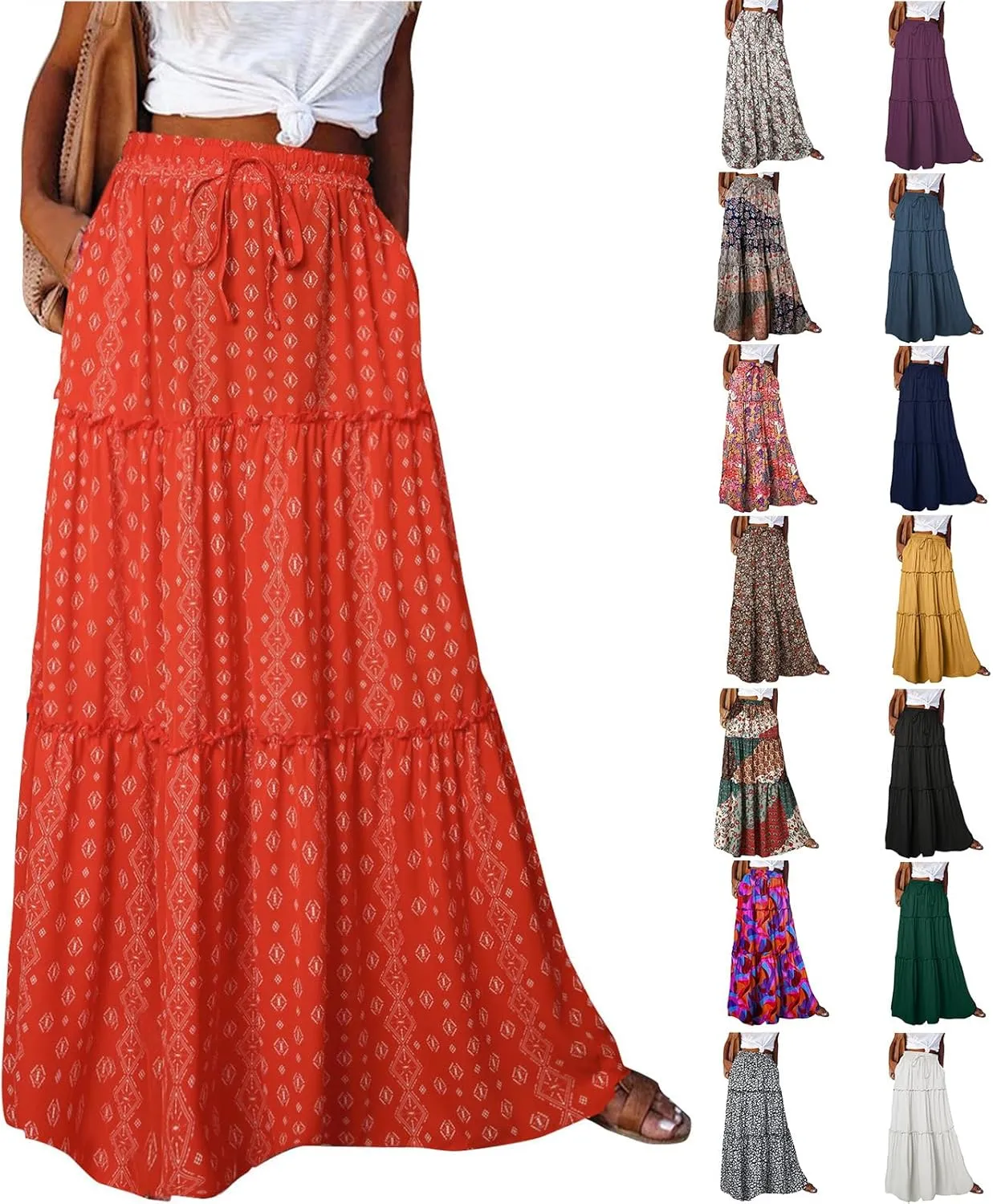 Maxi Boho Skirts for Women Flowy Floral High Waisted Tiered Long Skirts Ladies Casual Bohemian Summer Clothes 2025