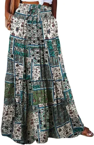 Maxi Skirts for Women Boho Floral Tiered Skirt with Pocket 2025 Summer Elastic Waist Vacation A-Line Long Skirts