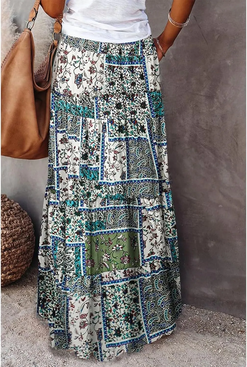 Maxi Skirts for Women Boho Floral Tiered Skirt with Pocket 2025 Summer Elastic Waist Vacation A-Line Long Skirts