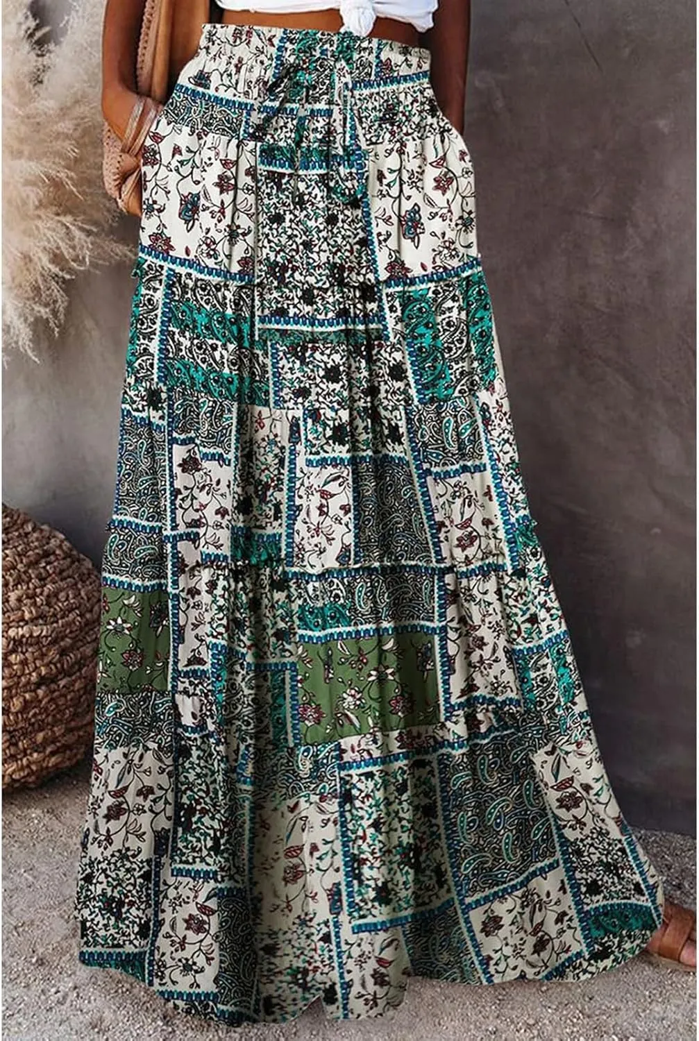 Maxi Skirts for Women Boho Floral Tiered Skirt with Pocket 2025 Summer Elastic Waist Vacation A-Line Long Skirts