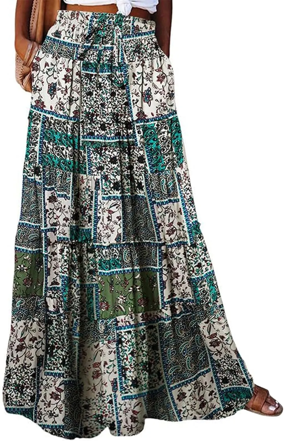 Maxi Skirts for Women Boho Floral Tiered Skirt with Pocket 2025 Summer Elastic Waist Vacation A-Line Long Skirts