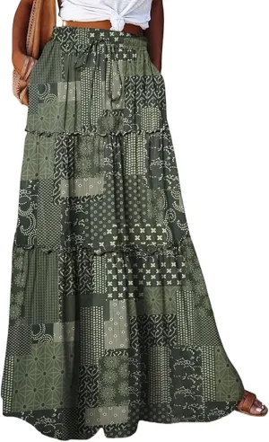 Maxi Skirts for Women Boho Flowy High Waisted Tiered Long Floral Skirts Ladies Casual Bohemian Summer Clothes 2025
