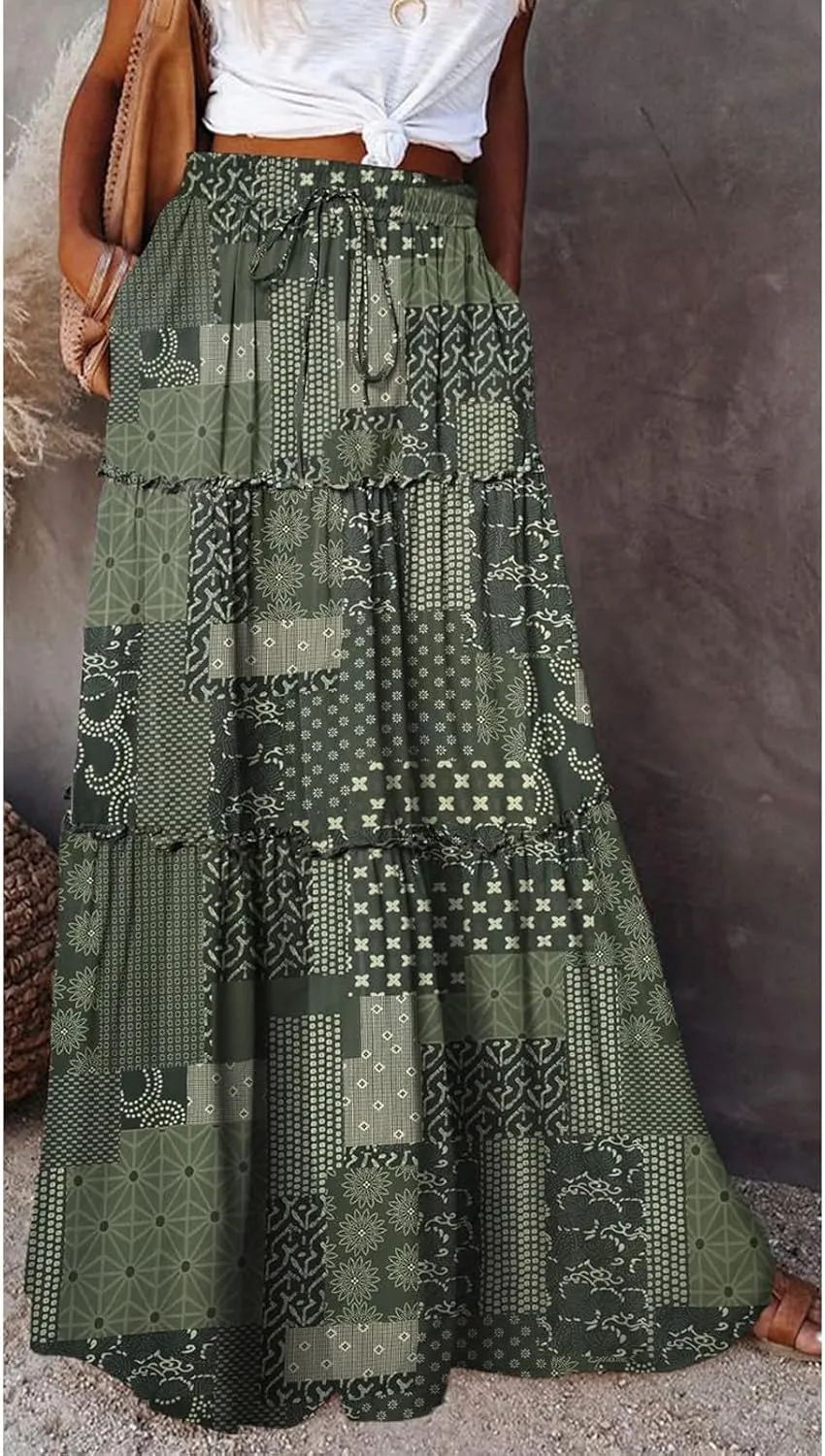 Maxi Skirts for Women Boho Flowy High Waisted Tiered Long Floral Skirts Ladies Casual Bohemian Summer Clothes 2025