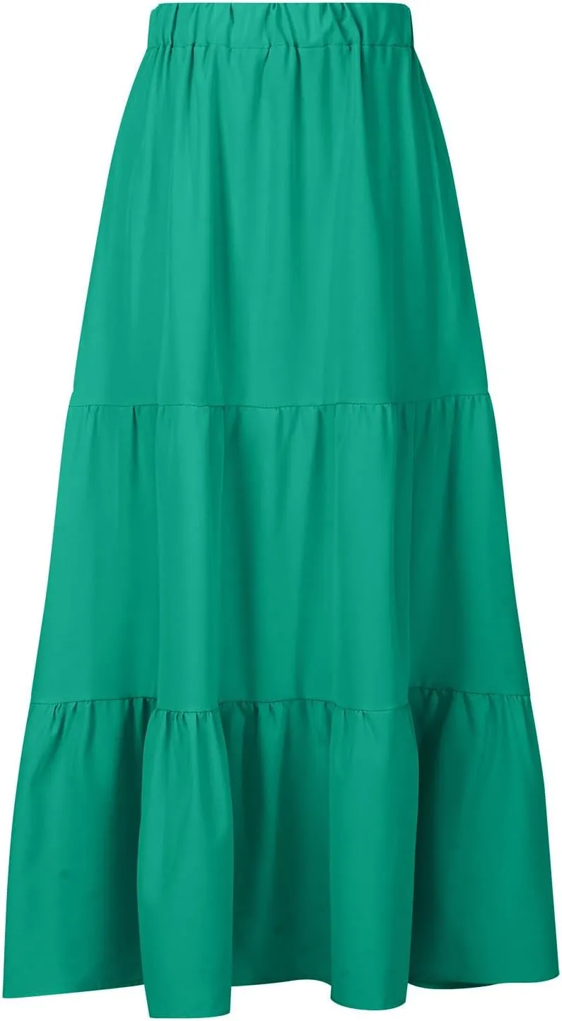 Maxi Skirts for Women Stretch Flowy Tiered Pleated Skirt Elastic Waist Summer Bohemian Ruched Skirts with Pockets