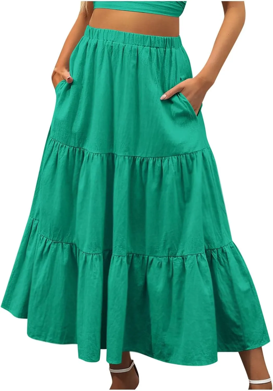 Maxi Skirts for Women Stretch Flowy Tiered Pleated Skirt Elastic Waist Summer Bohemian Ruched Skirts with Pockets