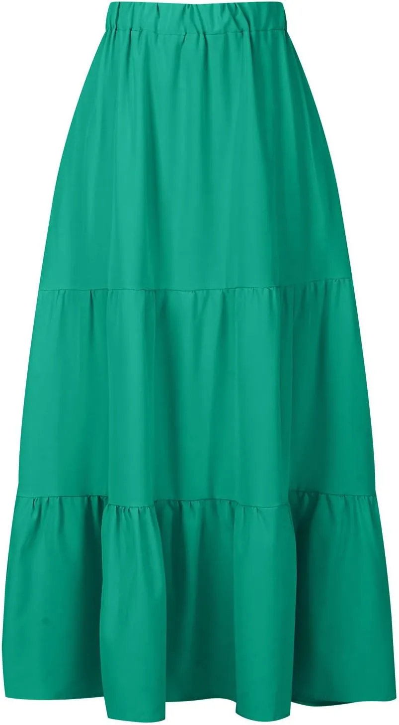 Maxi Skirts for Women Stretch Flowy Tiered Pleated Skirt Elastic Waist Summer Bohemian Ruched Skirts with Pockets