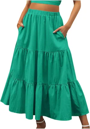 Maxi Skirts for Women Stretch Flowy Tiered Pleated Skirt Elastic Waist Summer Bohemian Ruched Skirts with Pockets