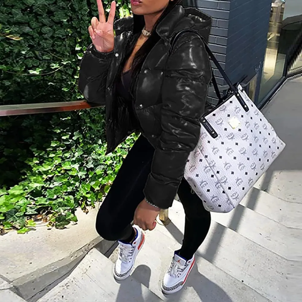 Mayntop Women Jacket Coat Hooded Cotton Padded Fill Solid Color Plain Puffer Plus Size Snap-Button Zipper Warm Outerwear