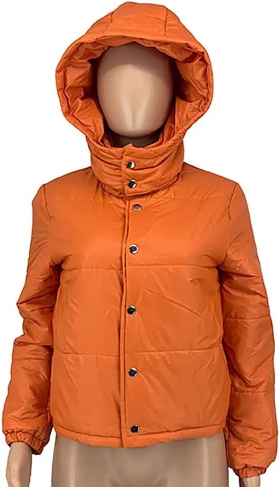 Mayntop Women Jacket Coat Hooded Cotton Padded Fill Solid Color Plain Puffer Plus Size Snap-Button Zipper Warm Outerwear
