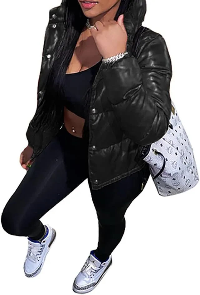 Mayntop Women Jacket Coat Hooded Cotton Padded Fill Solid Color Plain Puffer Plus Size Snap-Button Zipper Warm Outerwear