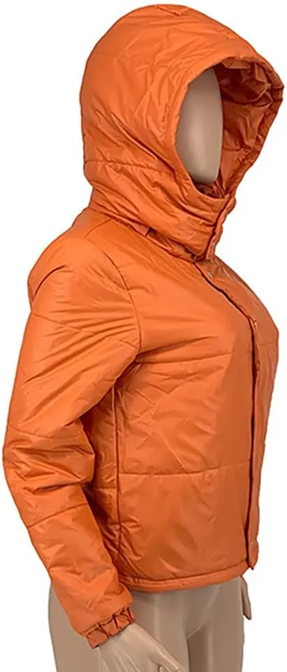 Mayntop Women Jacket Coat Hooded Cotton Padded Fill Solid Color Plain Puffer Plus Size Snap-Button Zipper Warm Outerwear