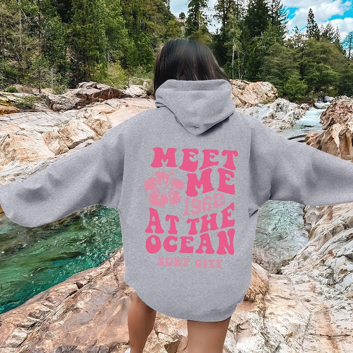 Meet Me at The Ocean Graphic Hoodie For Women Trendy Letter Printed Long Sleeve Hoodie Oversized Casual Pullover Tops