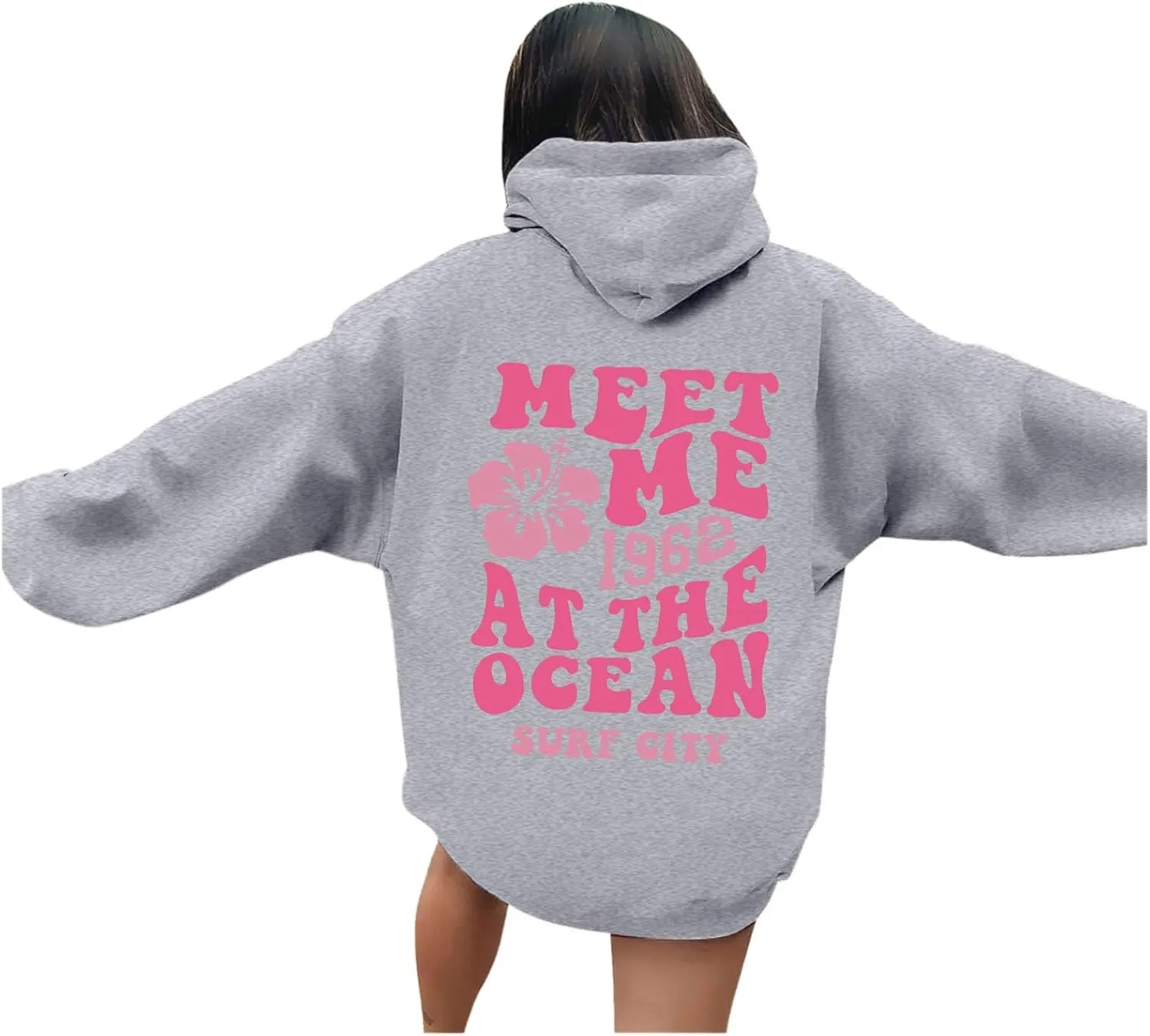 Meet Me at The Ocean Graphic Hoodie For Women Trendy Letter Printed Long Sleeve Hoodie Oversized Casual Pullover Tops