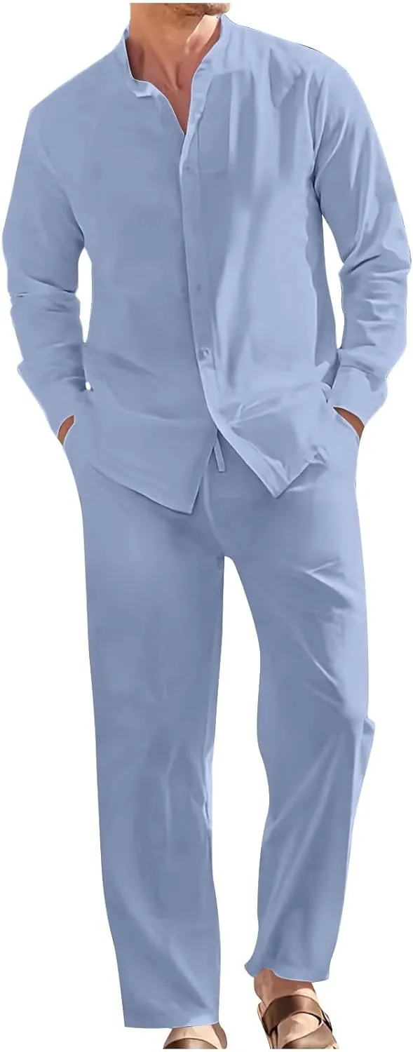 Men Cotton Linen Set Plus Size Long Sleeve Button Shirts Pants 2PC Suit Blouse Top Wide Leg Trouser Summer Outfits