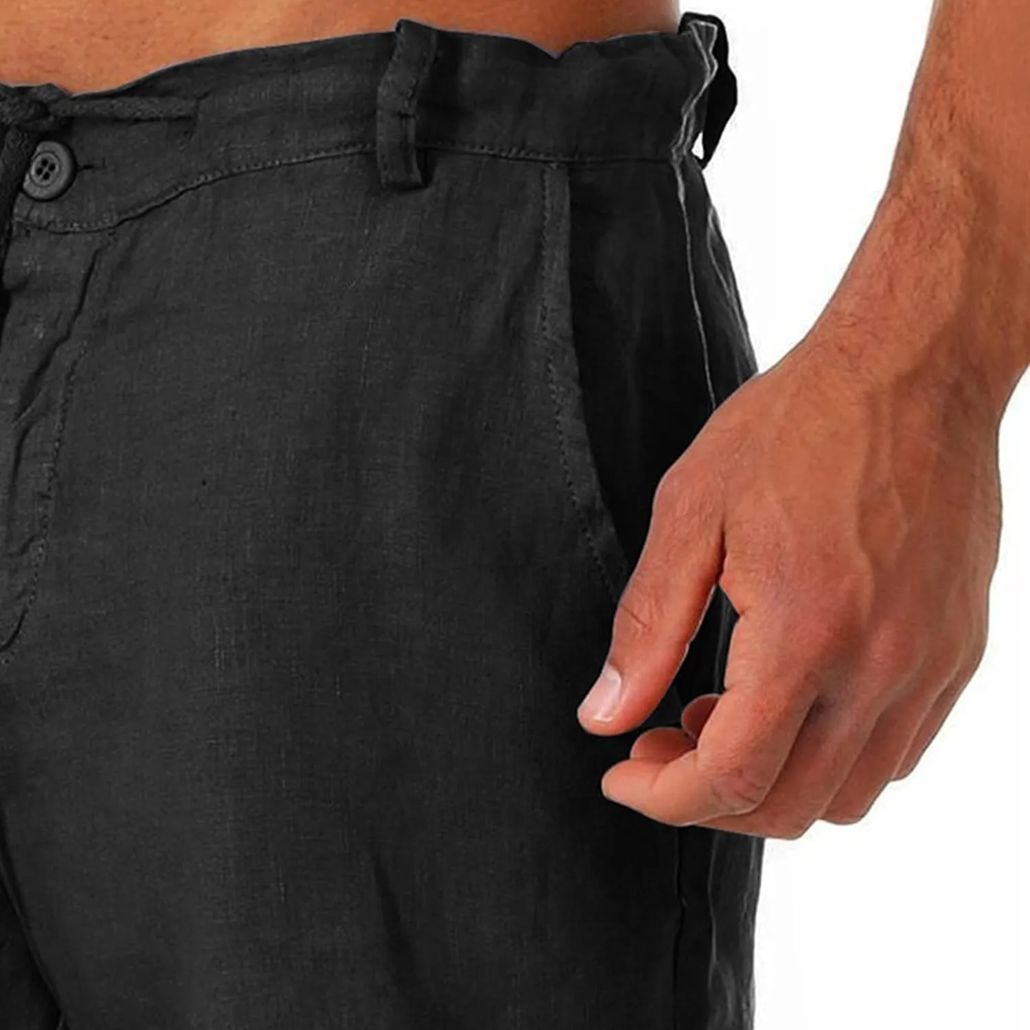 Men Linen Solid Color Lace-Up Casual Shorts Classic Summer Beach Shorts with Pocket Cotton Slim-Fit Gym Yoga Shorts