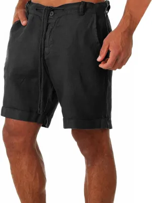 Men Linen Solid Color Lace-Up Casual Shorts Classic Summer Beach Shorts with Pocket Cotton Slim-Fit Gym Yoga Shorts