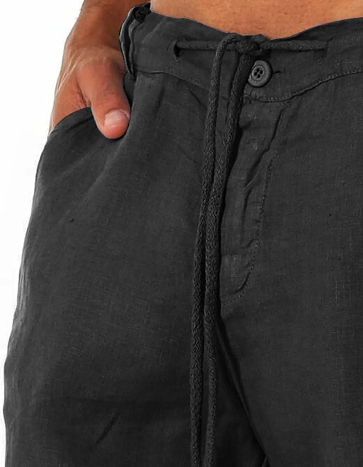 Men Linen Solid Color Lace-Up Casual Shorts Classic Summer Beach Shorts with Pocket Cotton Slim-Fit Gym Yoga Shorts