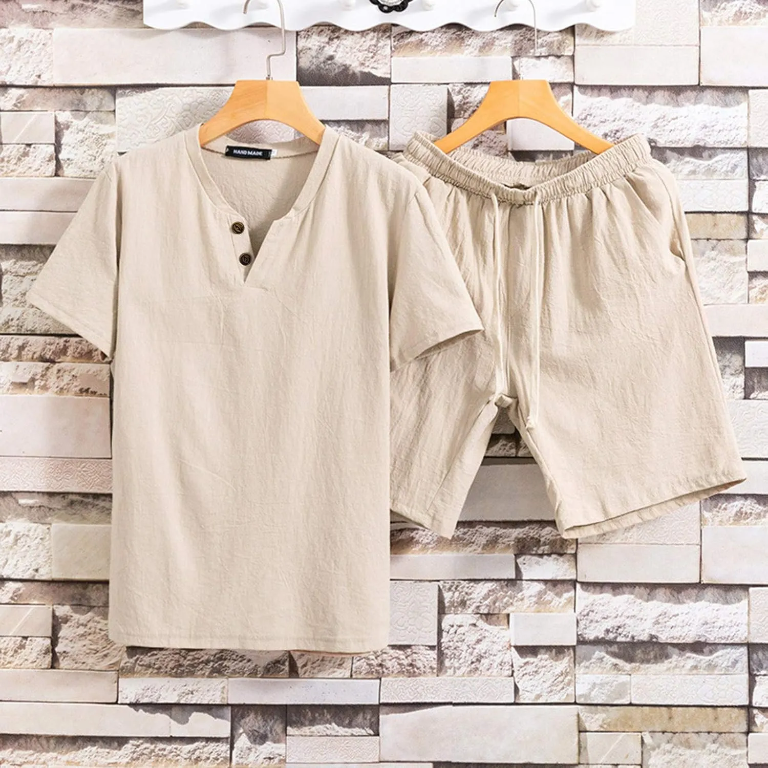 Men's 2 Pieces Linen Set Casual Henley Shirts Short Sleeve Beach Casual Shorts Summer Pants Outfits Vacation Set
