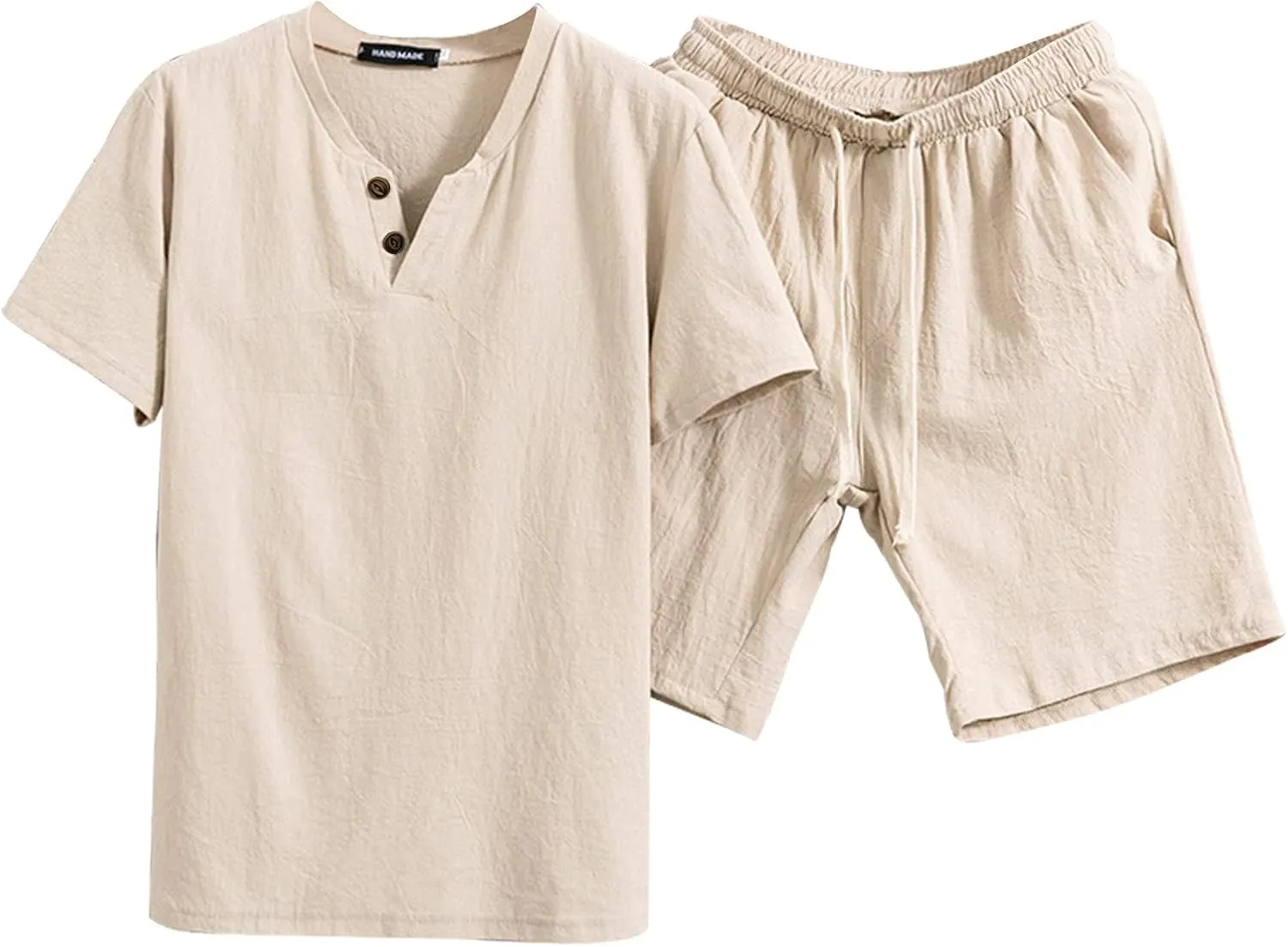 Men's 2 Pieces Linen Set Casual Henley Shirts Short Sleeve Beach Casual Shorts Summer Pants Outfits Vacation Set