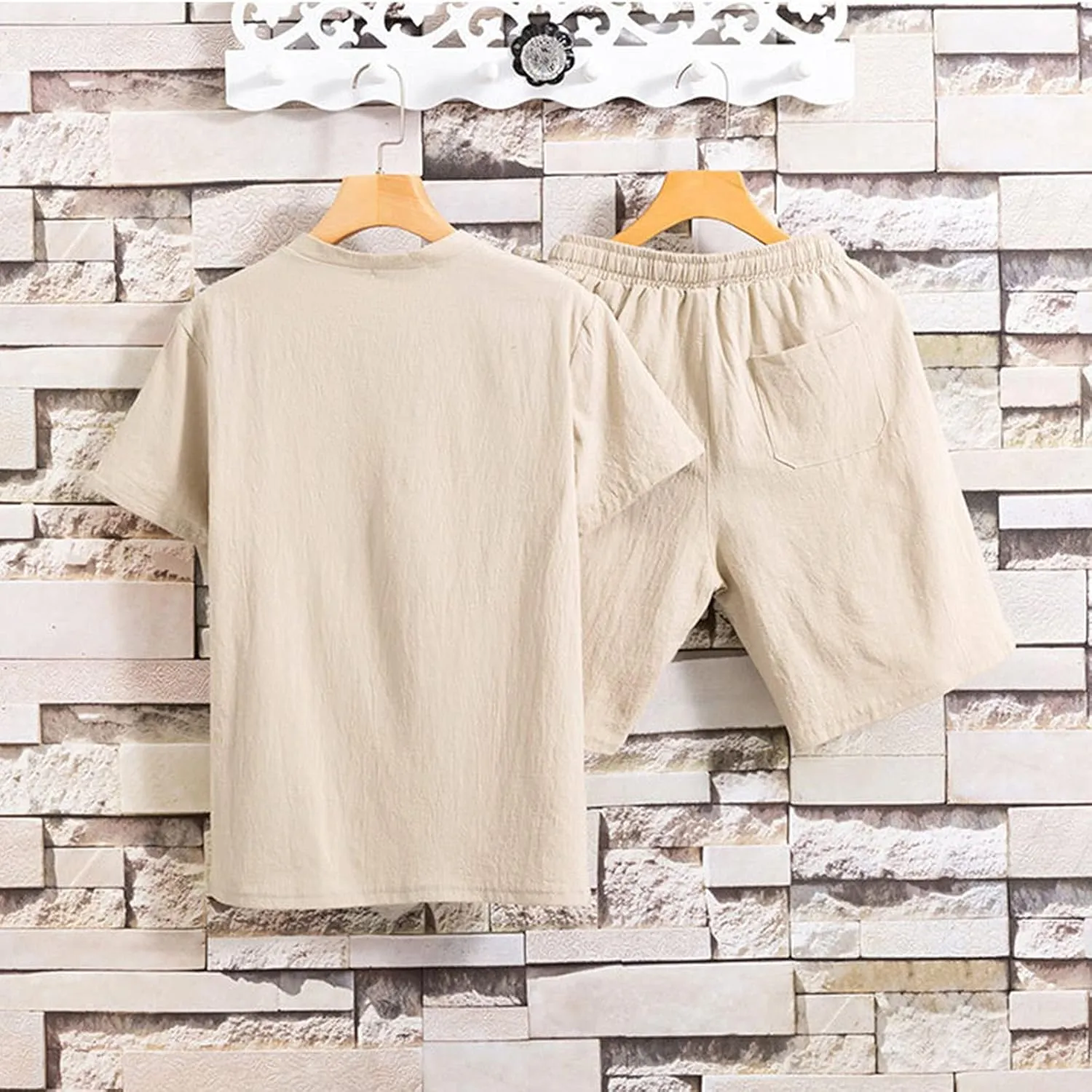 Men's 2 Pieces Linen Set Casual Henley Shirts Short Sleeve Beach Casual Shorts Summer Pants Outfits Vacation Set