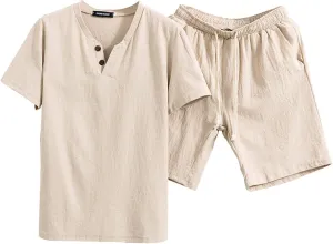 Men's 2 Pieces Linen Set Casual Henley Shirts Short Sleeve Beach Casual Shorts Summer Pants Outfits Vacation Set