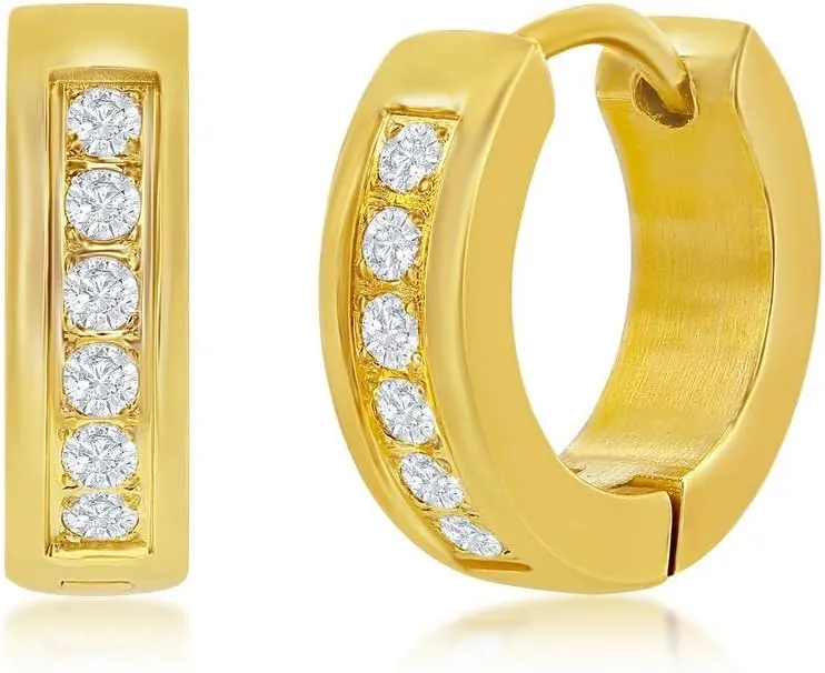 Mens and Unisex Simulated Diamond CZ 13mm Huggie Hoop Earrings | Black/Gold Plated Stainless-Steel Earrings | Dainty Jewelry for Men and Women