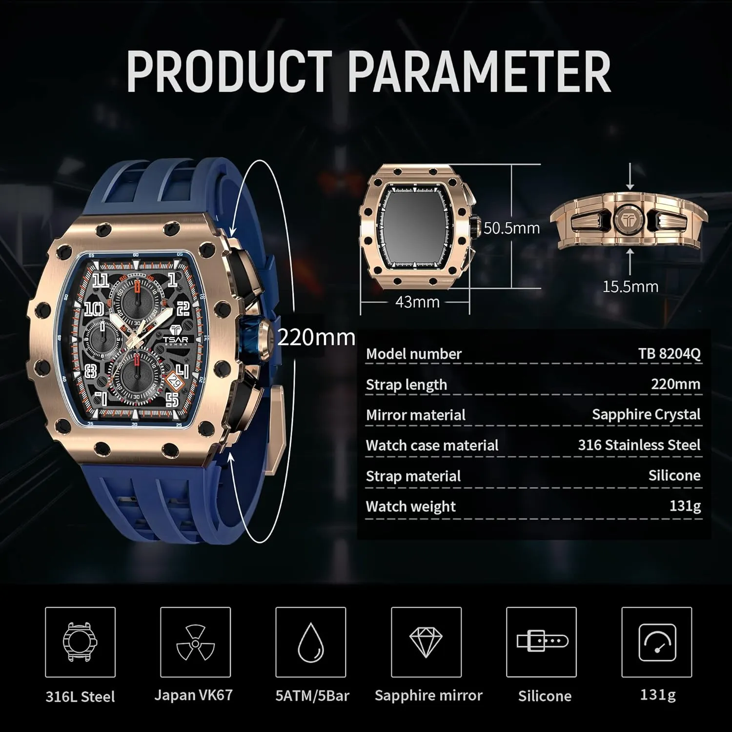 Men's Automatic Watch Mechanical Tonneau Luxury Skeleton Watches for Men 50M Waterproof Analogue Work Mens Wrist Watch Unique Cool Design Square Big Face Wristwatch