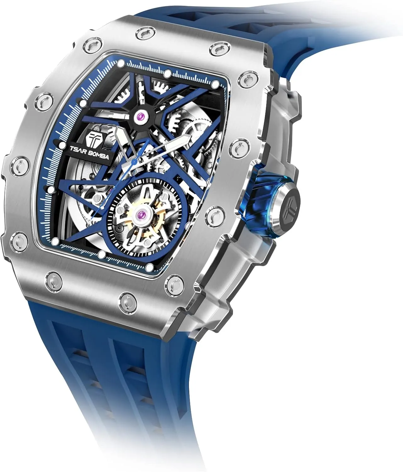 Men's Automatic Watch Mechanical Tonneau Luxury Skeleton Watches for Men 50M Waterproof Analogue Work Mens Wrist Watch Unique Cool Design Square Big Face Wristwatch